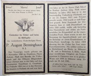 Informationen über das Leben von August Benninghaus auf seinem Totenblättchen Informationen über das Leben von August Benninghaus auf seinem Totenblättchen zur Trauerfeier in der St. Nikolaus Kirche in Ankum